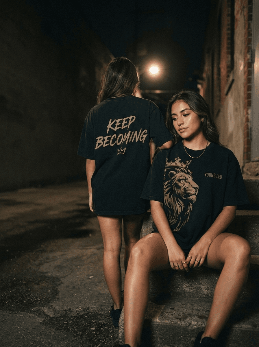 Two women wearing The Becoming Tee in a night alley — the Keep Becoming back print and the crowned lion front print