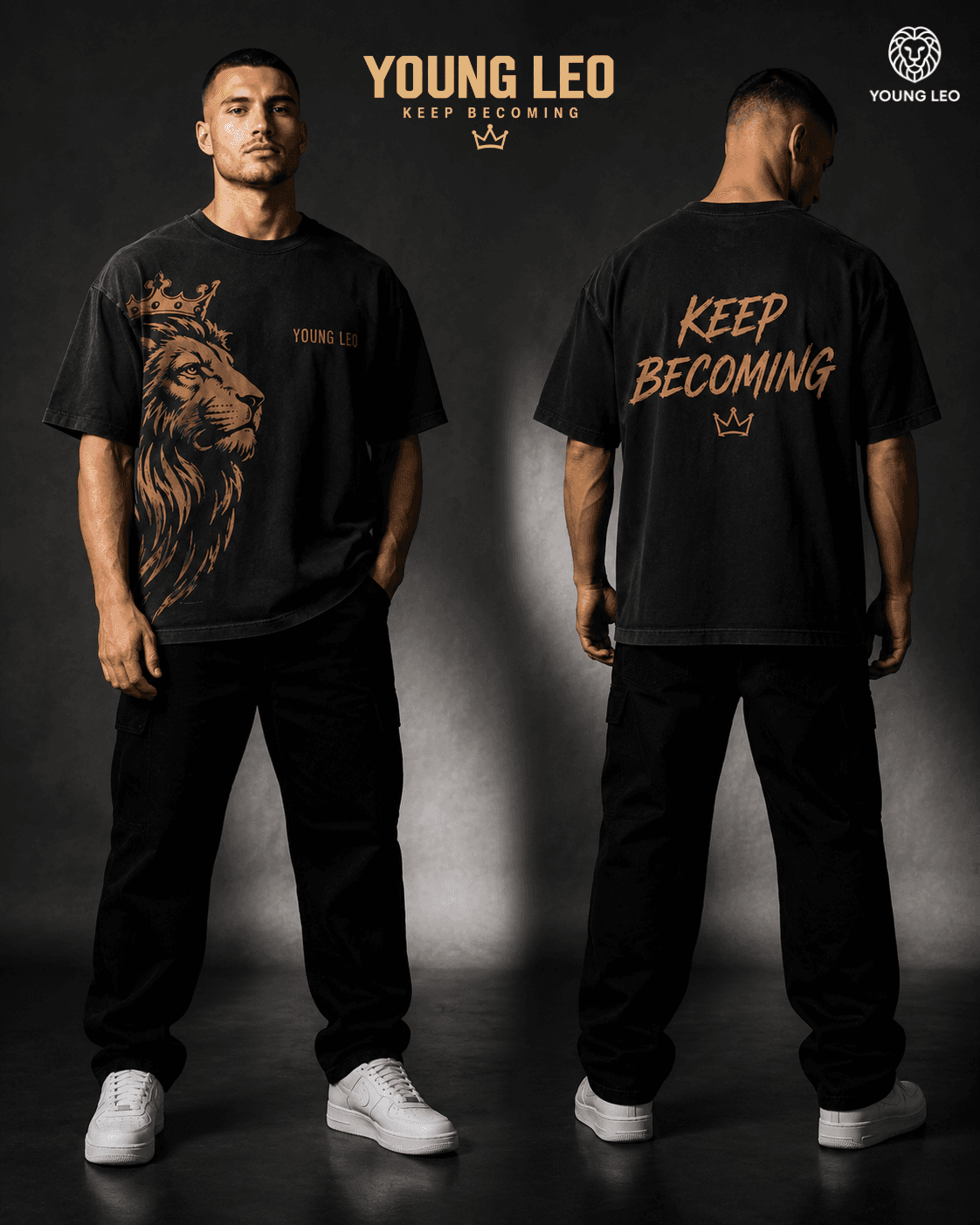Young Leo campaign — The Becoming Tee, front and back, studio