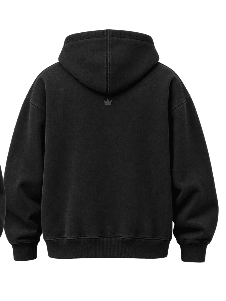The Becoming Hoodie — back, small tonal crown below the hood (concept render)