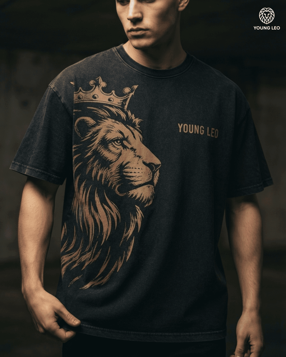 The Becoming Tee — front, crowned lion graphic on washed black