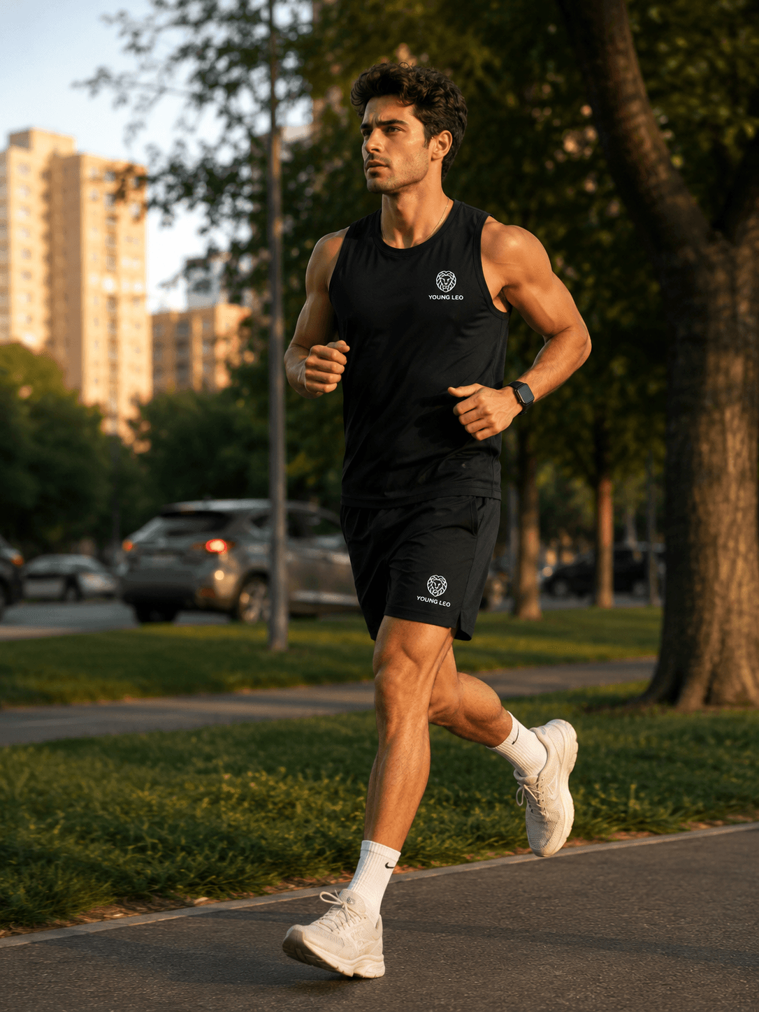 Runner in Young Leo activewear at golden hour — lion badge on the tank and shorts
